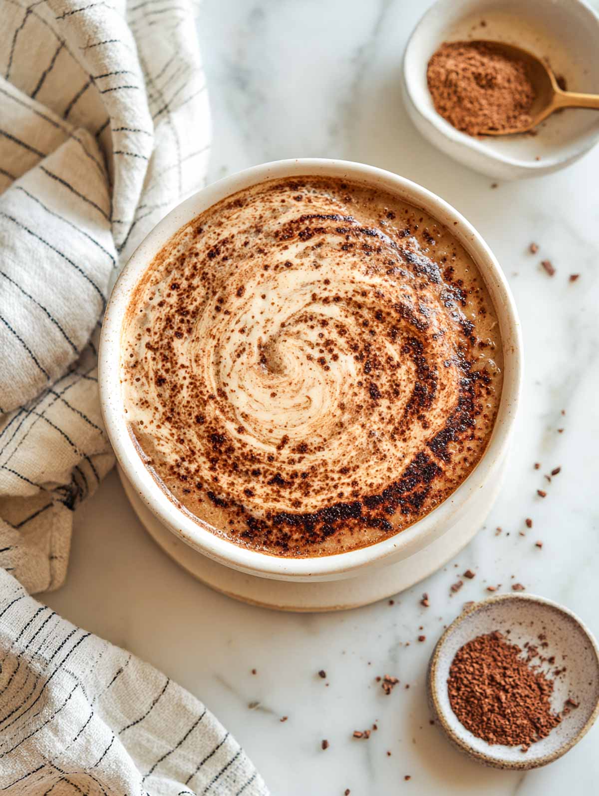 Mocha oatmeal bowl with cocoa swirl and espresso dusting on marble surface.