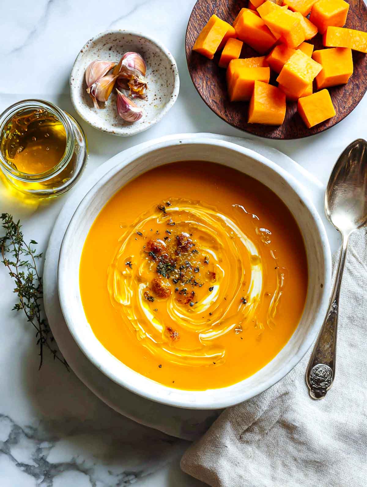 Silky sweet potato and butternut soup with garlic oil drizzle, surrounded by roasted garlic, oil jar, and cubed butternut on marble.