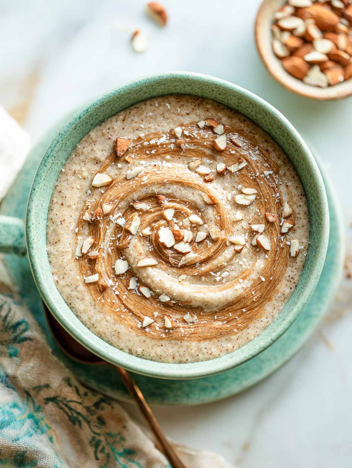 Keto almond butter microwave oatmeal topped with almond butter swirl and chopped almonds.