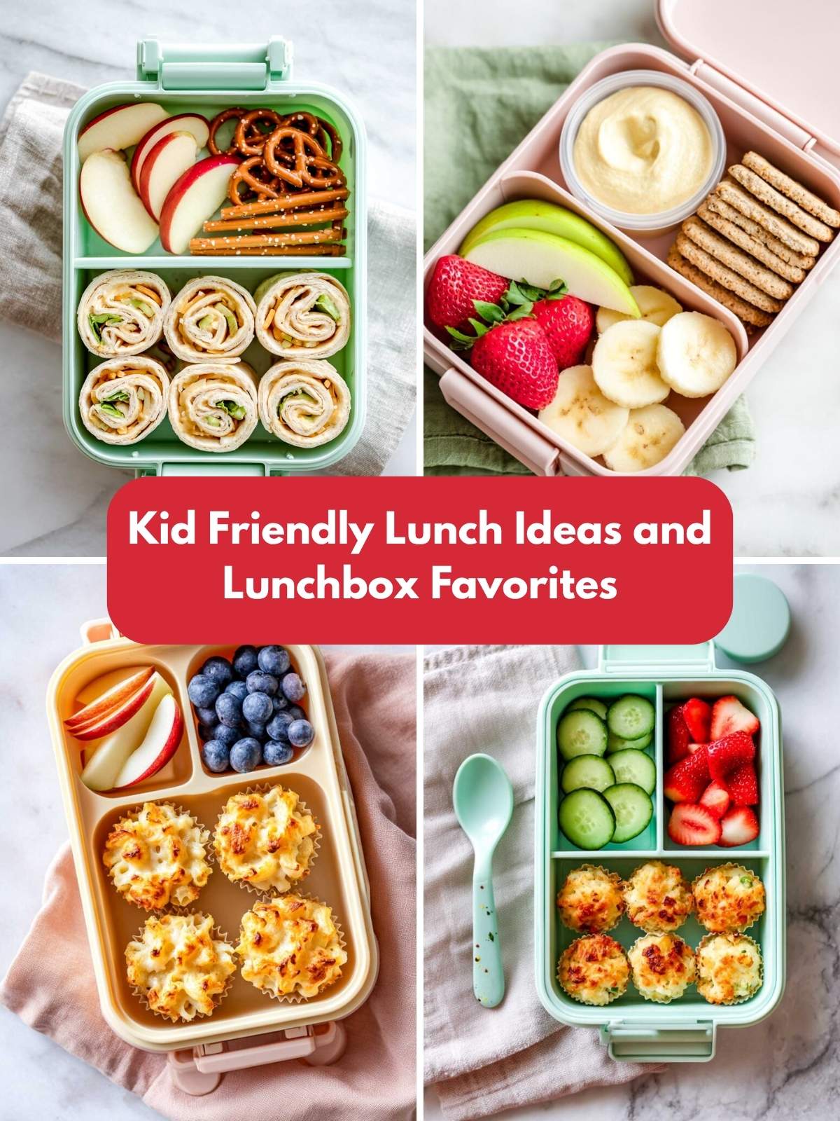 A four-image collage of kids lunchboxes.