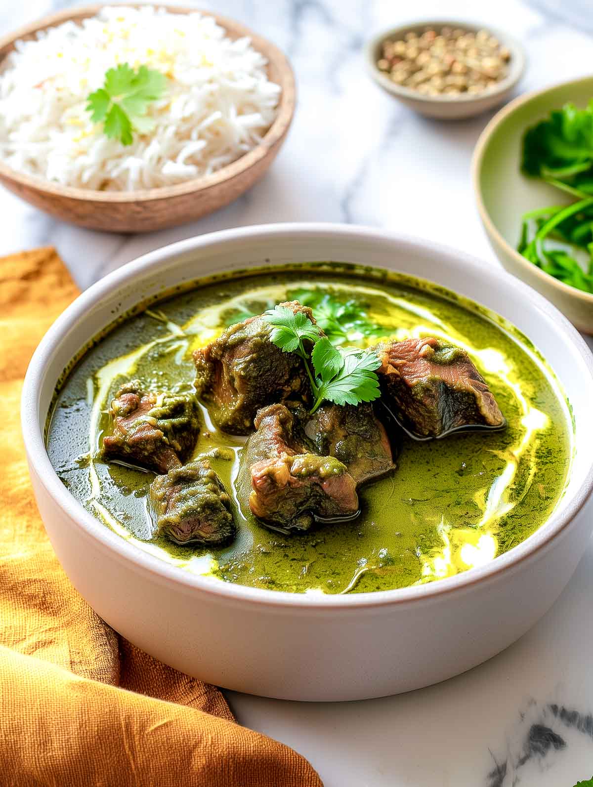 Lamb Palak served in a white bowl with rice on the side.