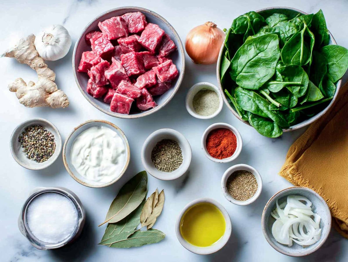 Ingredients for Lamb Palak arranged on a marble surface before cooking.