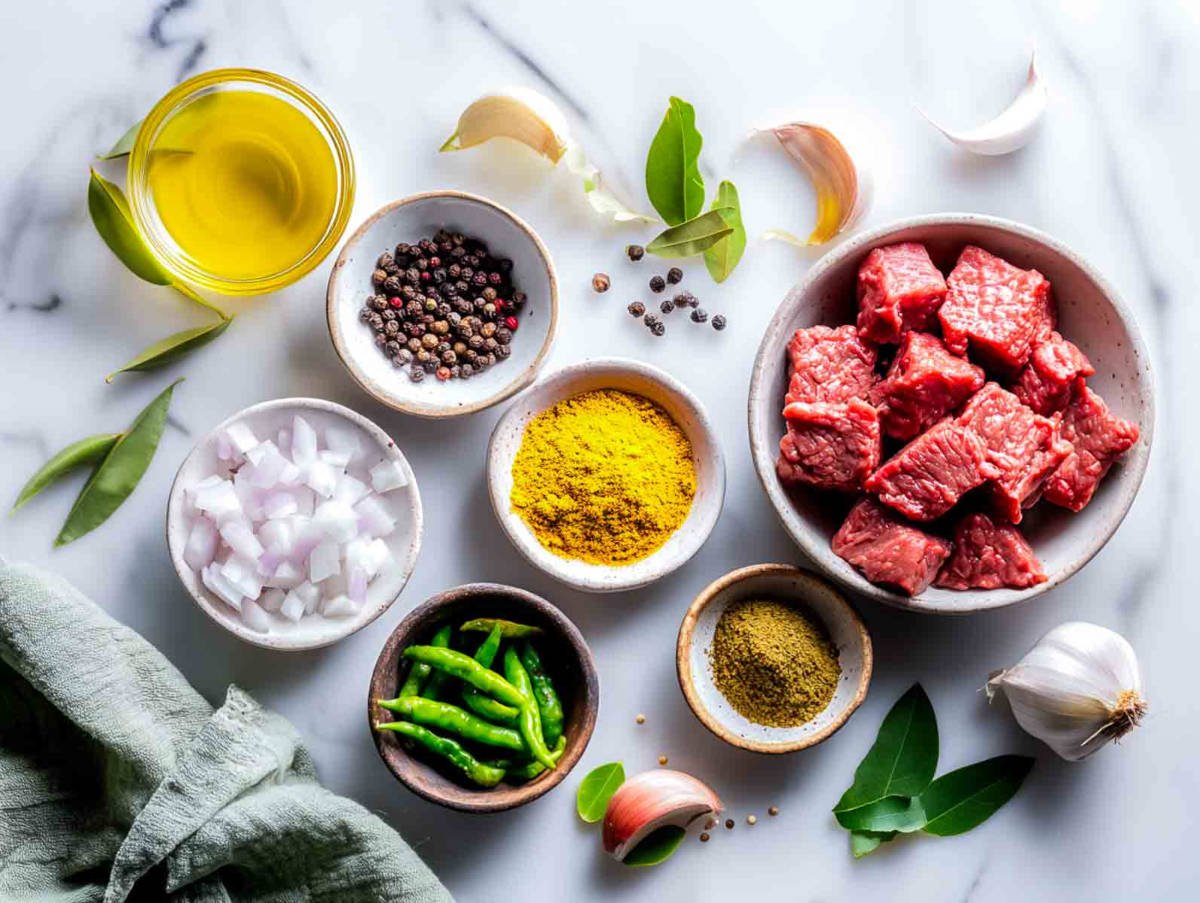 Bowls of lamb pepper fry ingredients arranged neatly on a white marble surface.