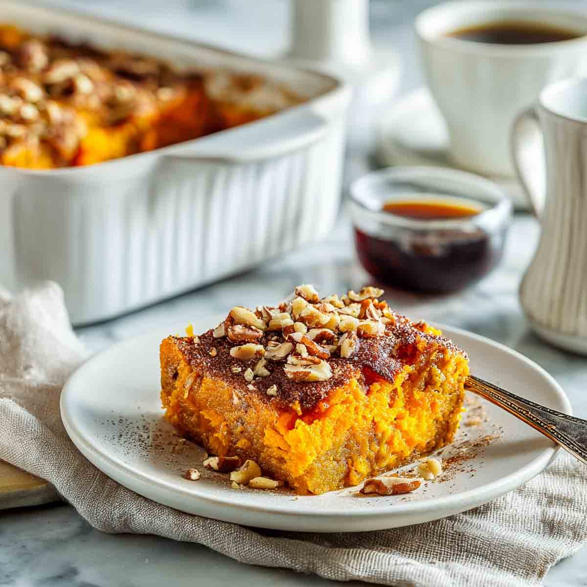 A plated serving of leftover sweet potato casserole breakfast bake topped with chopped nuts, with a cup of coffee and syrup in the background.