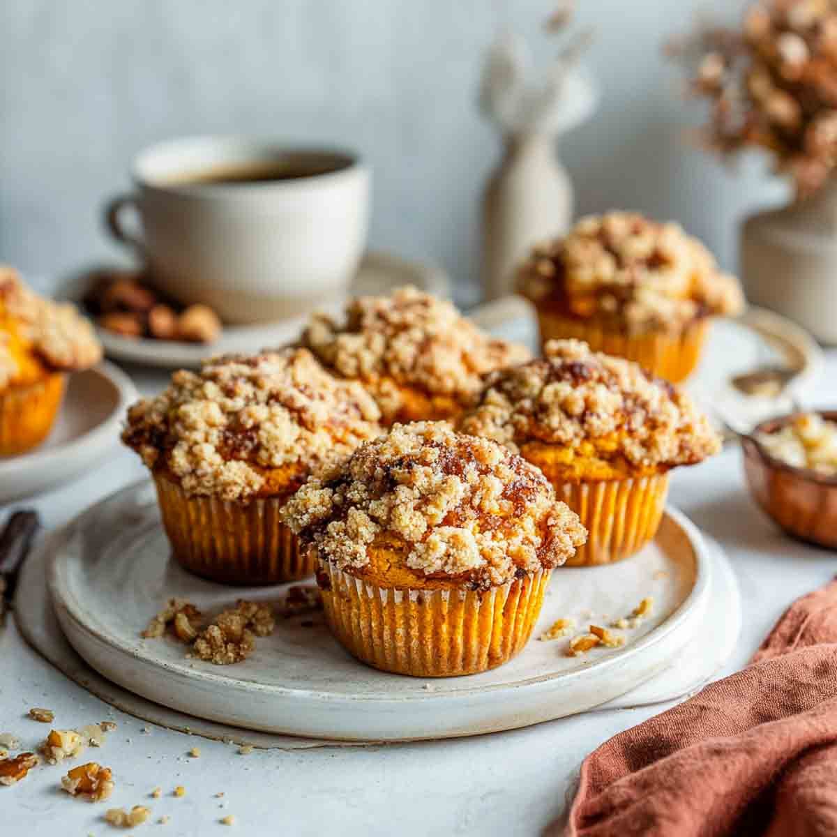 Sweet potato casserole muffins with crumb topping on a white ceramic plate, with a coffee cup and warm-toned napkin in the background.