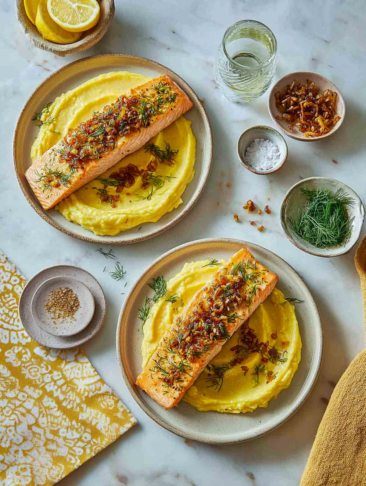 Lemon-dill salmon fillets served over mashed potatoes with crispy shallots.