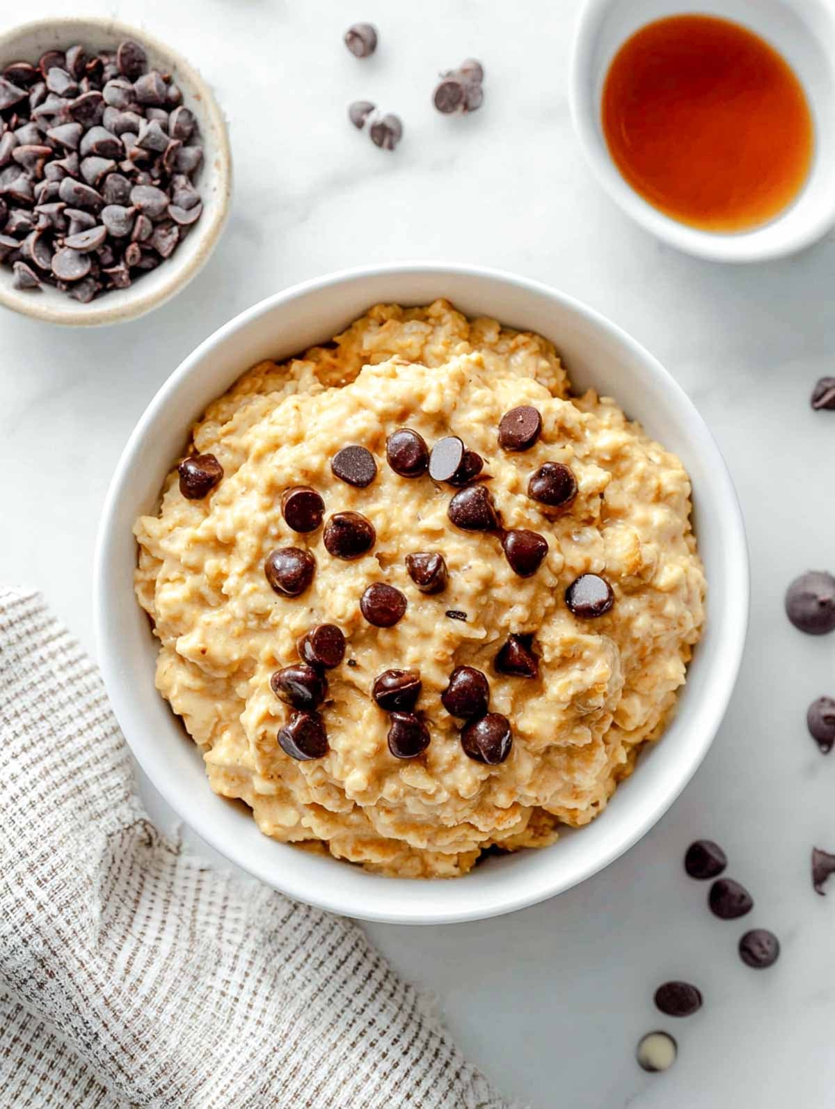 Cookie dough microwave oatmeal topped with melty chocolate chips.