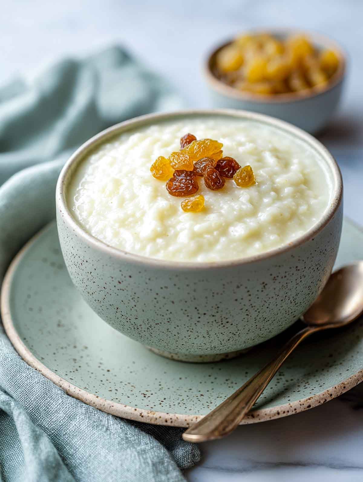 An angled view of creamy microwave rice pudding served in a muted sage bowl and plate with golden raisins on top.