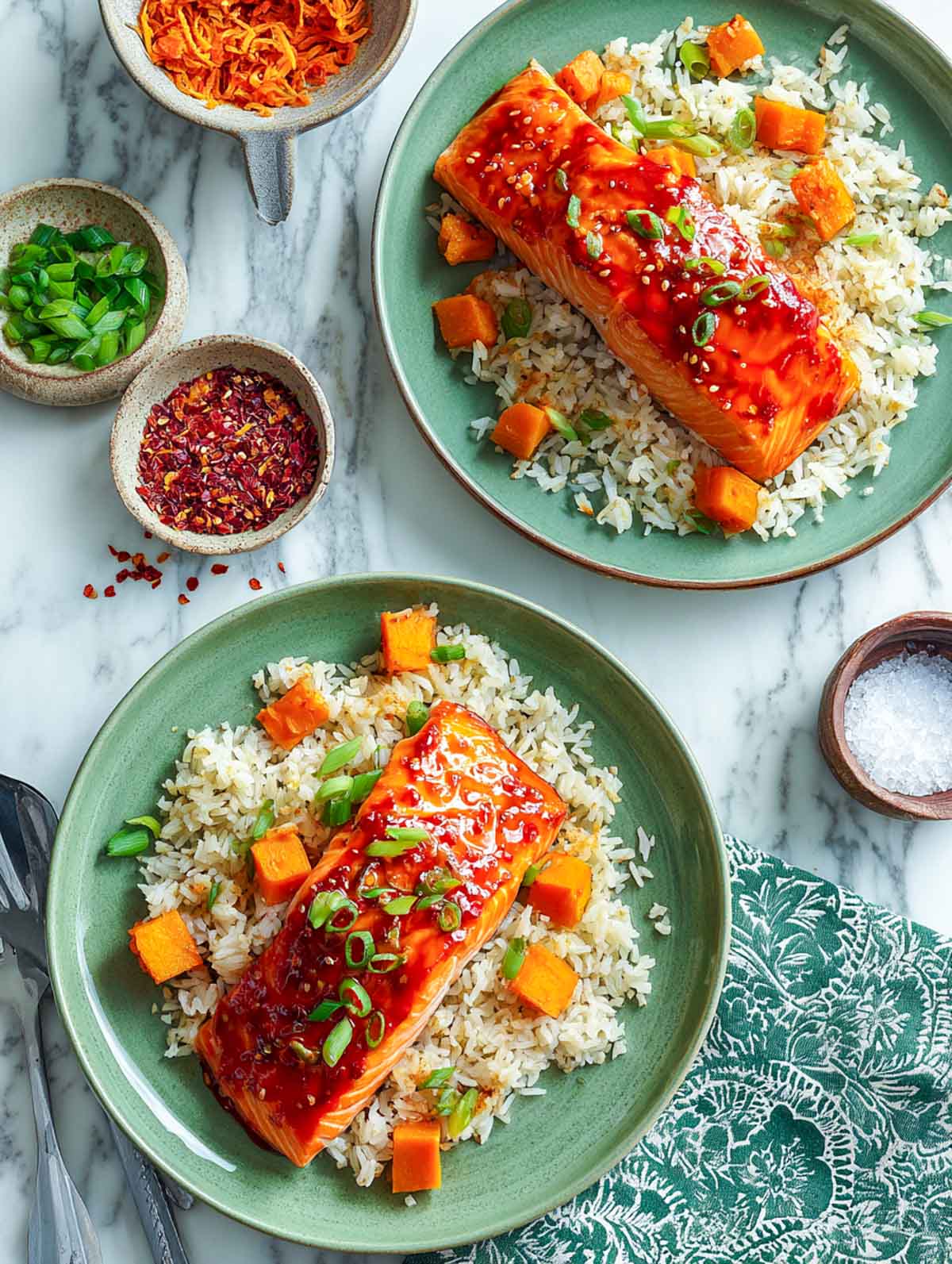 Top-down view of salmon fillet on seasoned sweet potato rice with green onions.