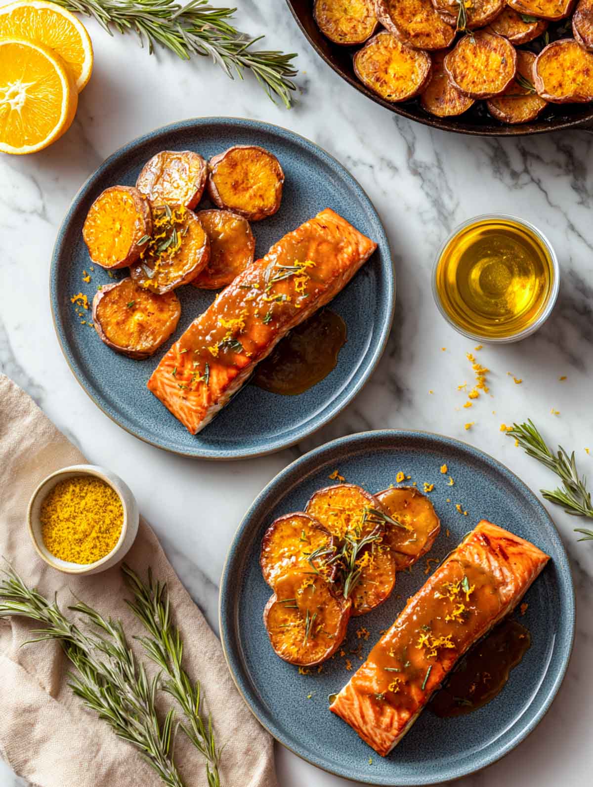 Rosemary-orange salmon fillet served with caramelized sweet potato medallions on slate blue plates.