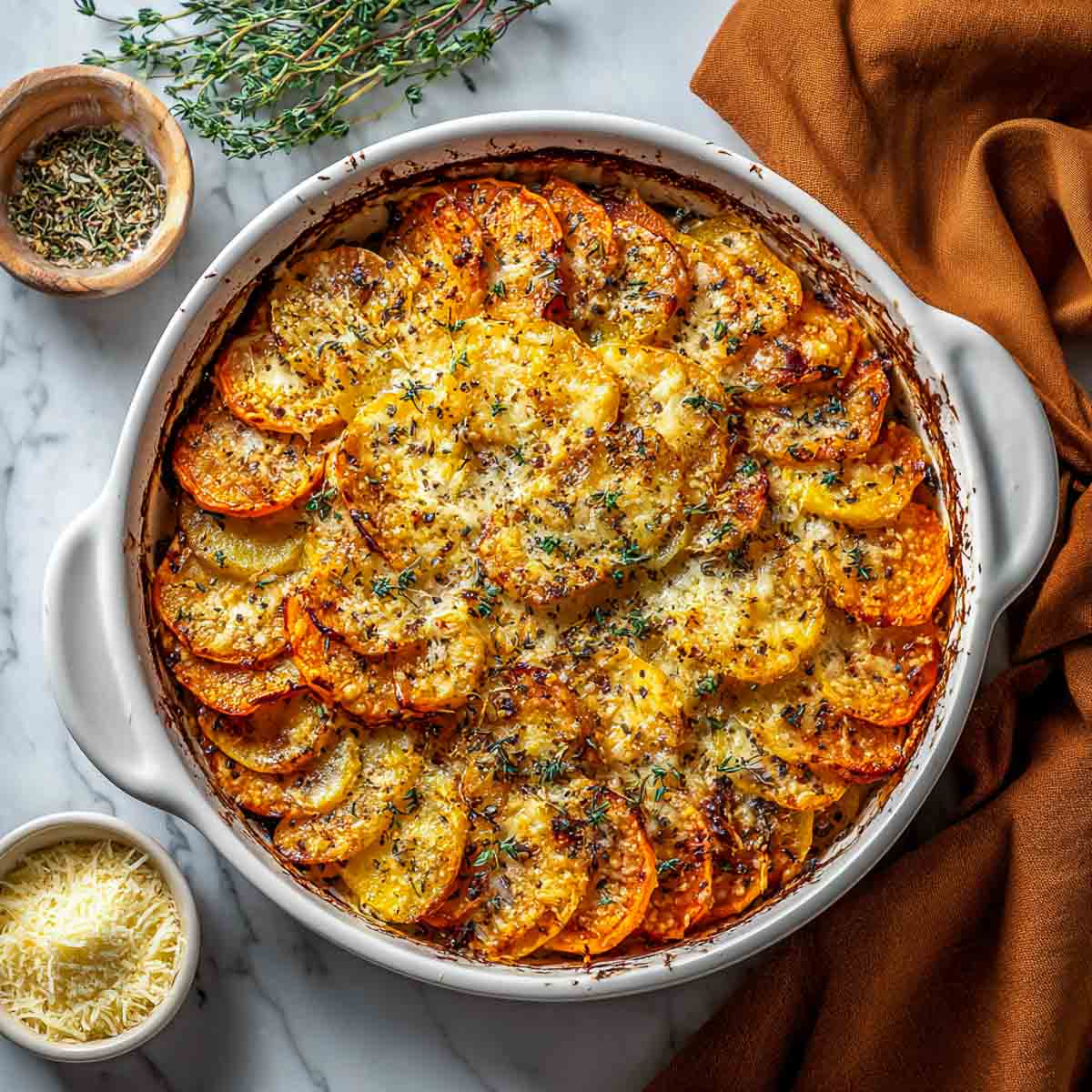 Top-down view of a scalloped potato and sweet potato casserole baked with Gruyère and thyme in a white ceramic dish on a marble counter.
