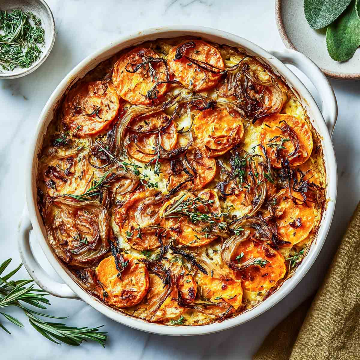 Top-down view of a savory sweet potato casserole baked with caramelized onions, rosemary, thyme, and sage in a white ceramic dish on a marble countertop.
