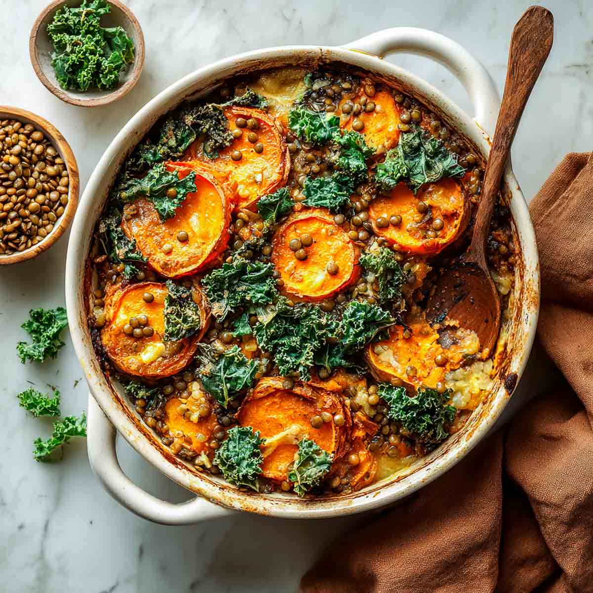 Top-down view of a savory sweet potato casserole with lentils and kale in a white ceramic dish on a marble counter.
