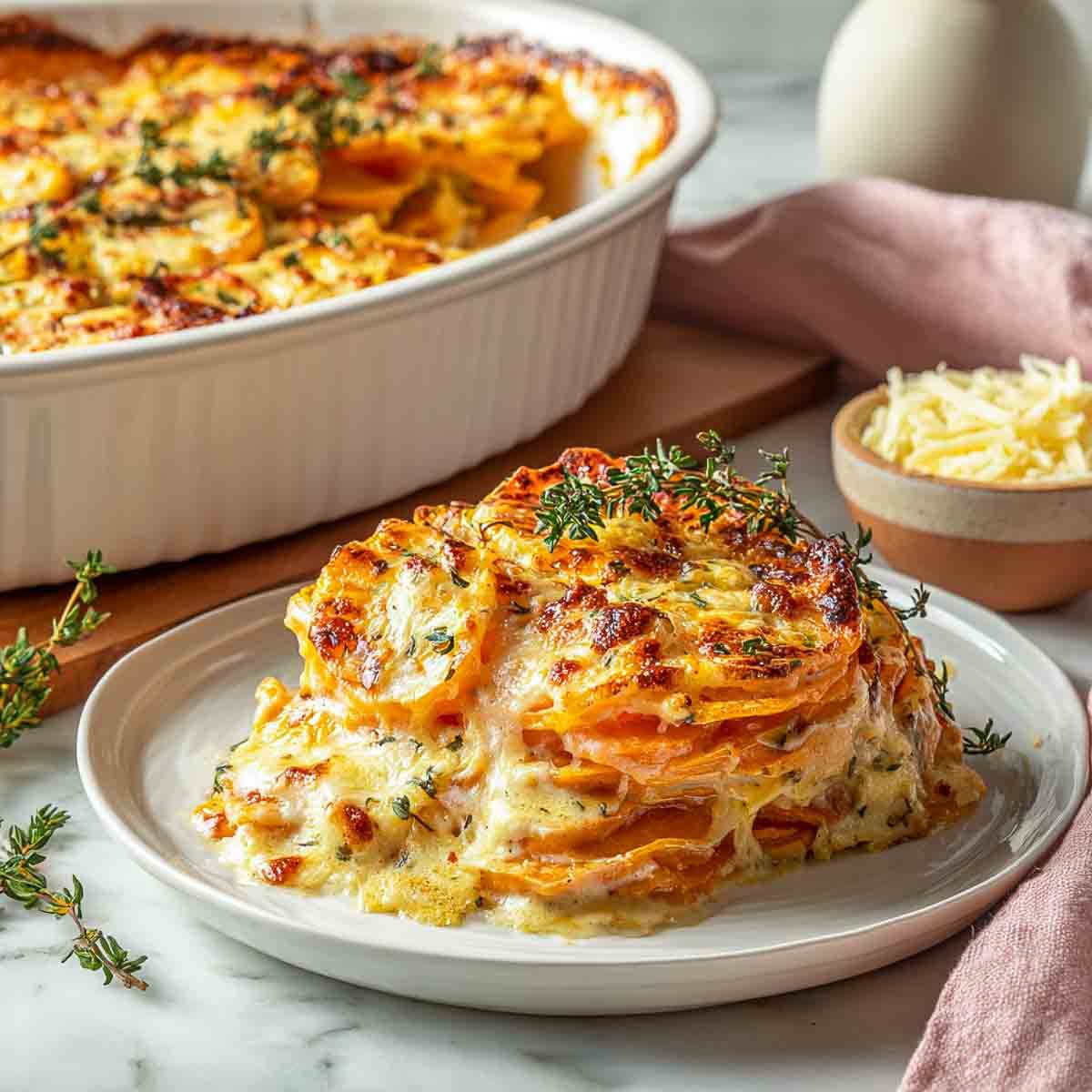 A plated serving of scalloped sweet potatoes with cheddar and thyme cream sauce, with a baking dish in the background.