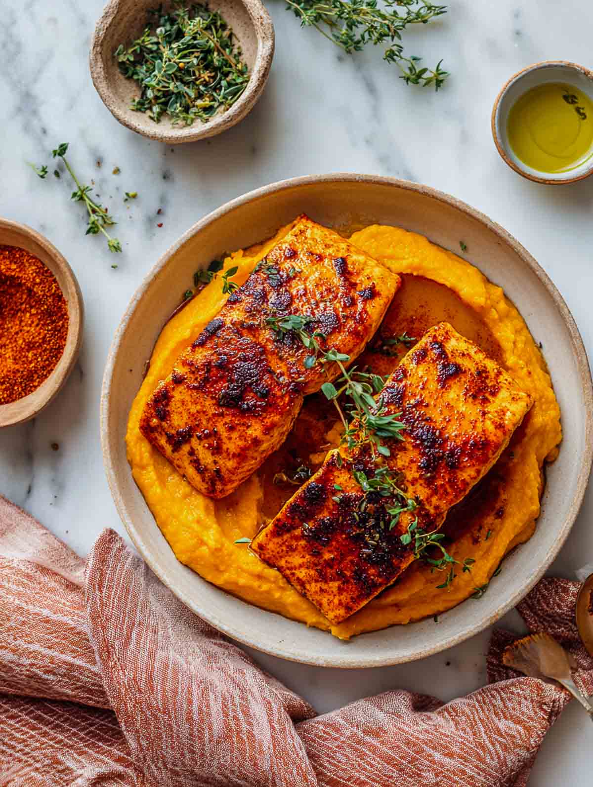 Smoky paprika salmon served over creamy sweet potato mash on ceramic plate.