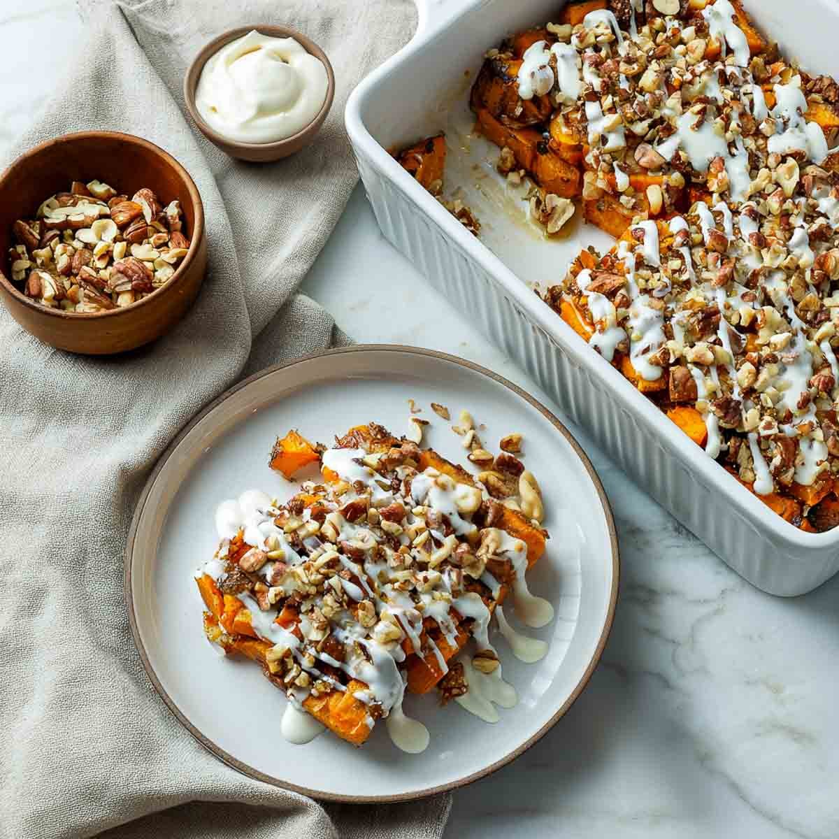 Top-down view of a plated serving of sweet potato and nut casserole drizzled with vanilla bean cream sauce, with a baking dish in the background.