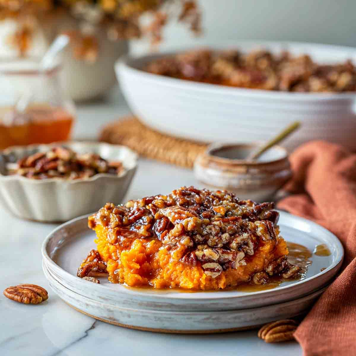 A plated serving of sweet potato casserole topped with glossy candied pecans and brown butter drizzle, with the baking dish in the background.