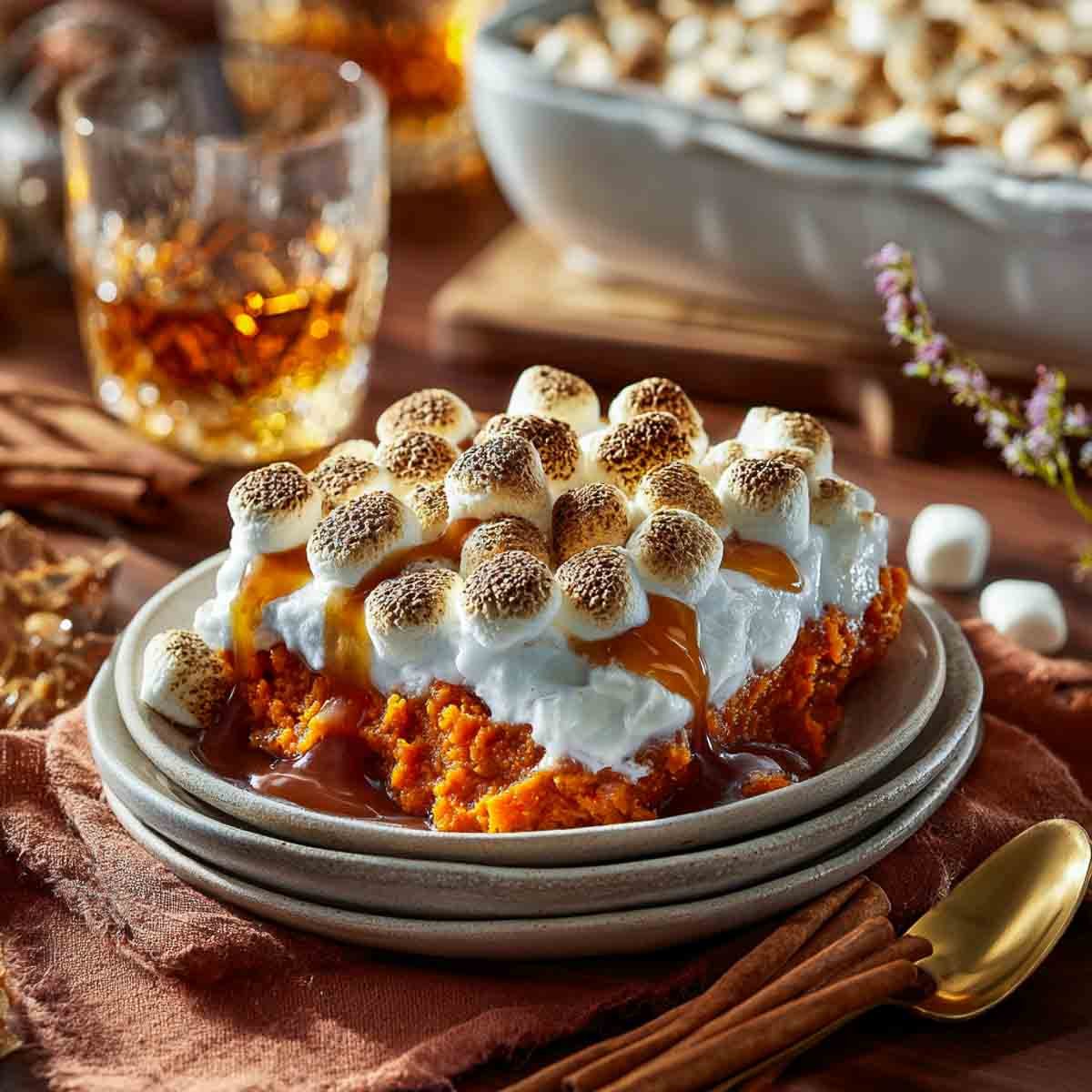 A plated serving of sweet potato casserole with toasted marshmallows and bourbon caramel sauce, with the baking dish in the background.