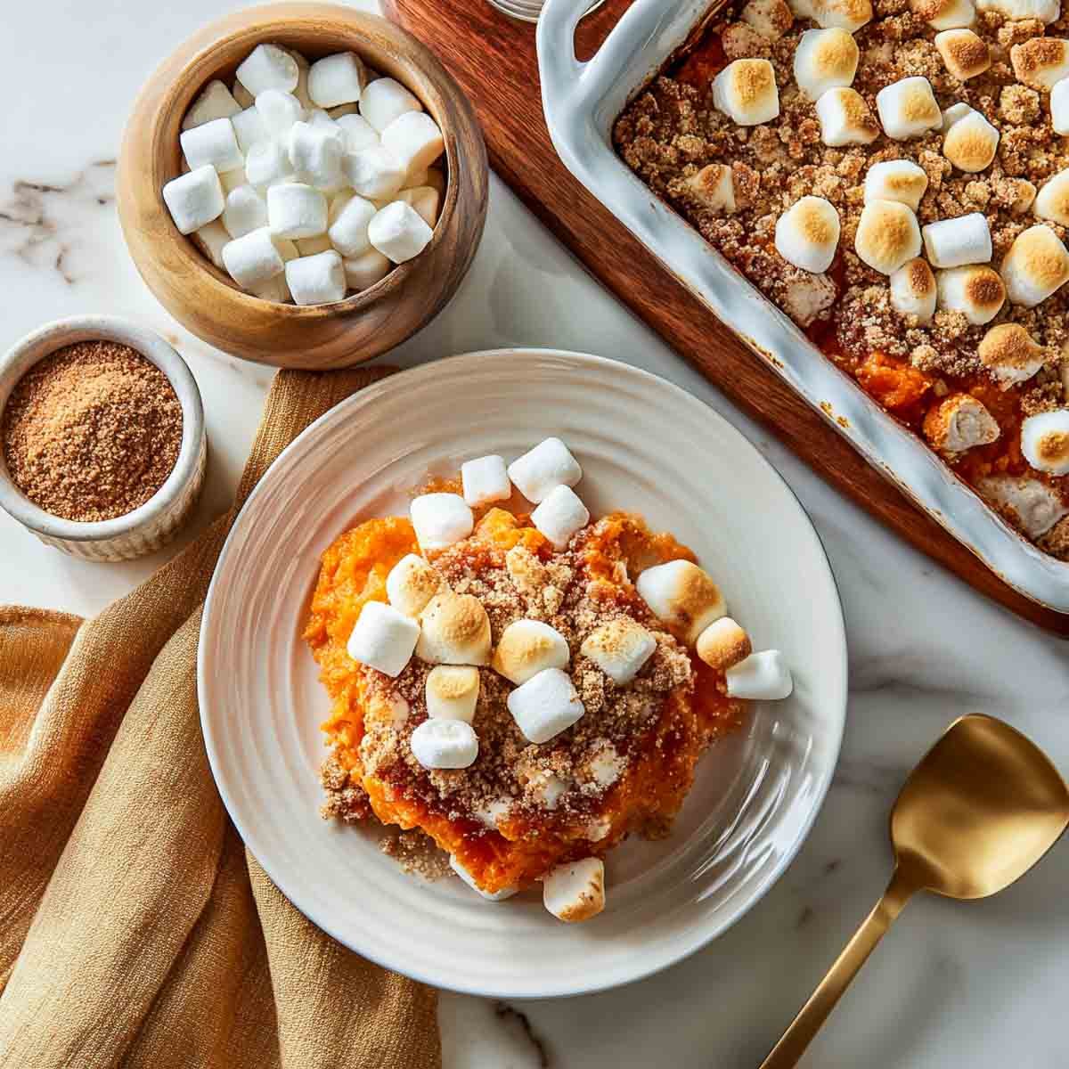 A plated serving of sweet potato casserole with toasted marshmallows and crumb topping, with the baking dish and ingredients on a marble surface.