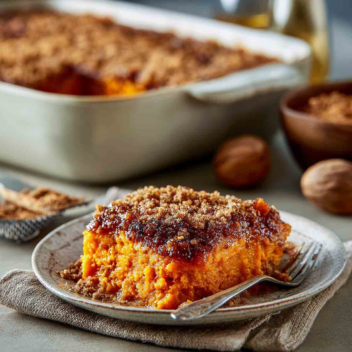 A plated serving of sweet potato casserole with a caramelized brown sugar crust, topped with a light dusting of nutmeg, baking dish in the background.