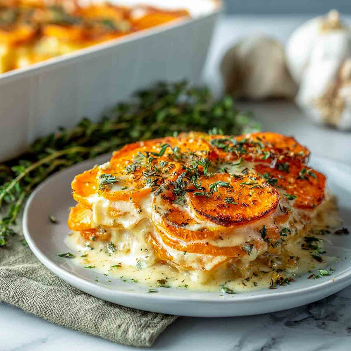 A plated serving of sweet potato scalloped casserole with creamy garlic sauce and fresh thyme, baking dish in the background.