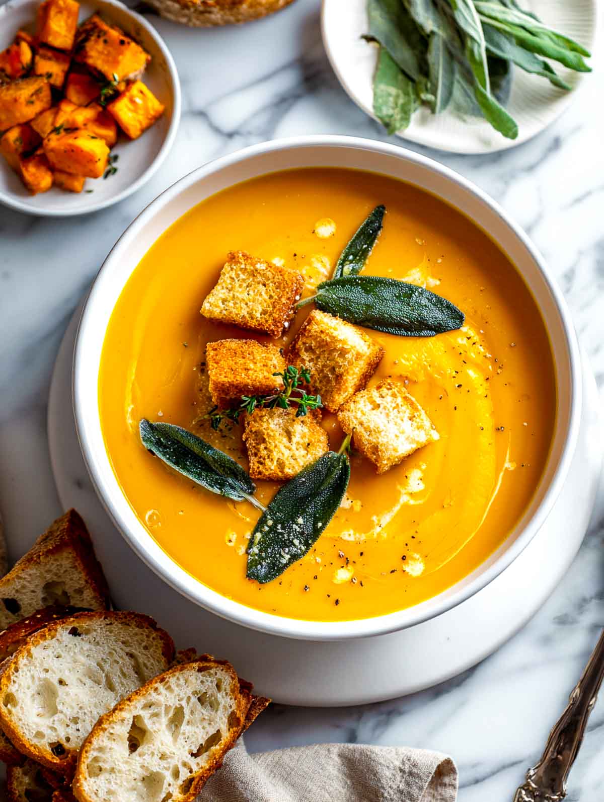 Creamy sweet potato and butternut soup topped with crispy sage leaves and croutons, served with rustic bread.