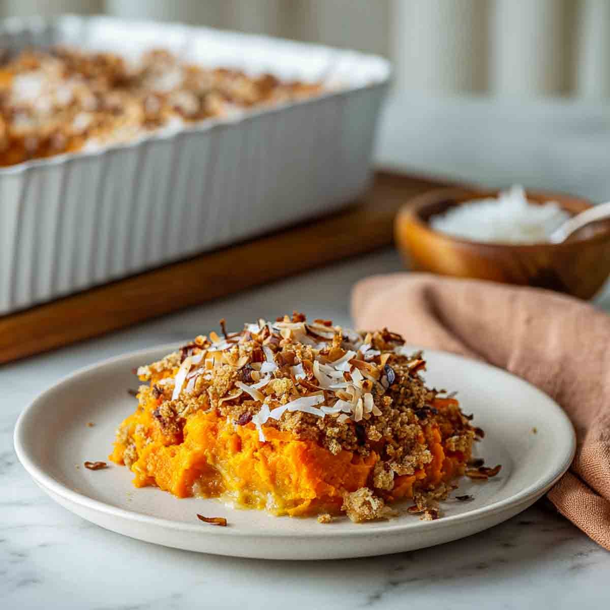A plated serving of vegan sweet potato casserole topped with toasted coconut crumble, with the baking dish in the background on a marble countertop.