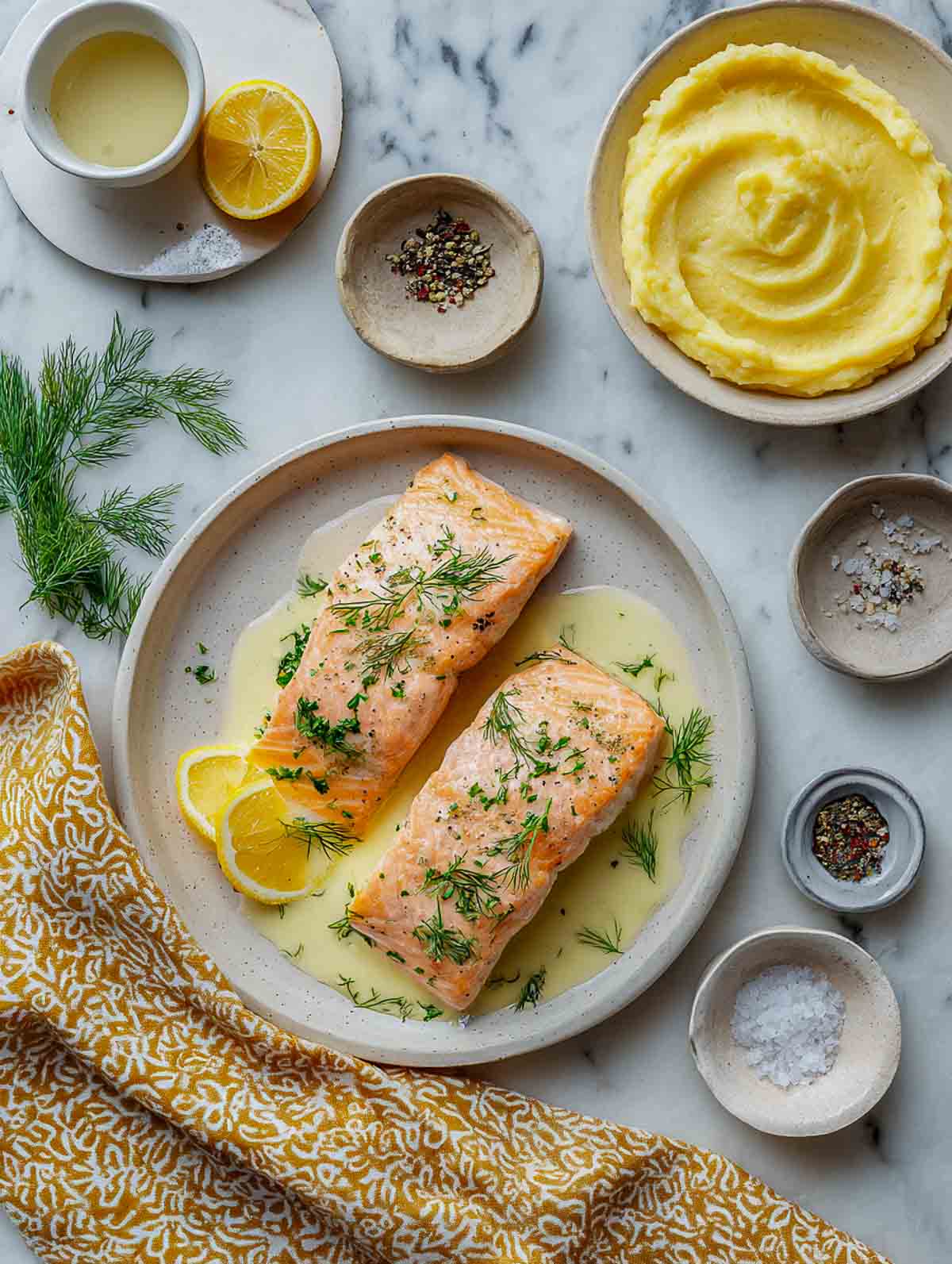 White wine–poached salmon fillets with mashed potatoes and fresh dill on plate.