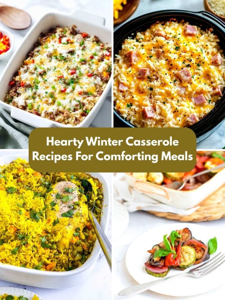 A four-image collage of winter casseroles.