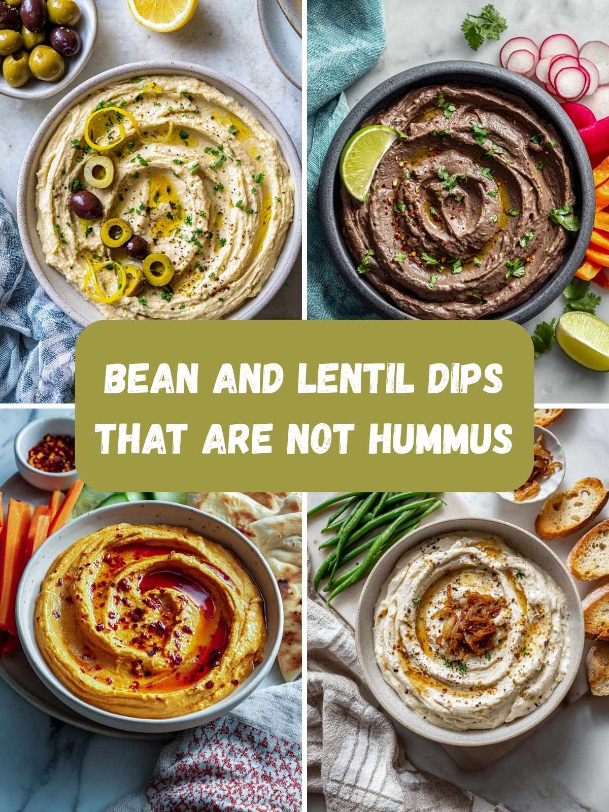A four-image collage of bean and lentil dips.