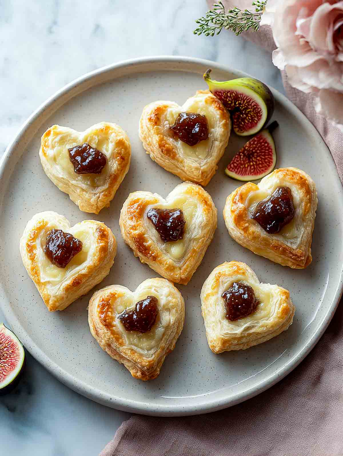 Heart-shaped puff pastry bites with melted brie and fig jam on a plate.