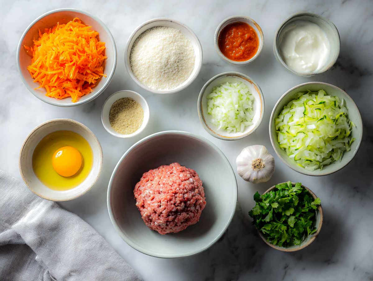 Fresh ingredients for lamb meatballs arranged neatly on a white marble surface.