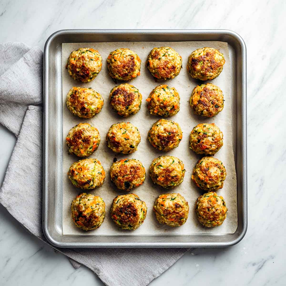 Golden baked lamb meatballs resting on a parchment-lined sheet pan.