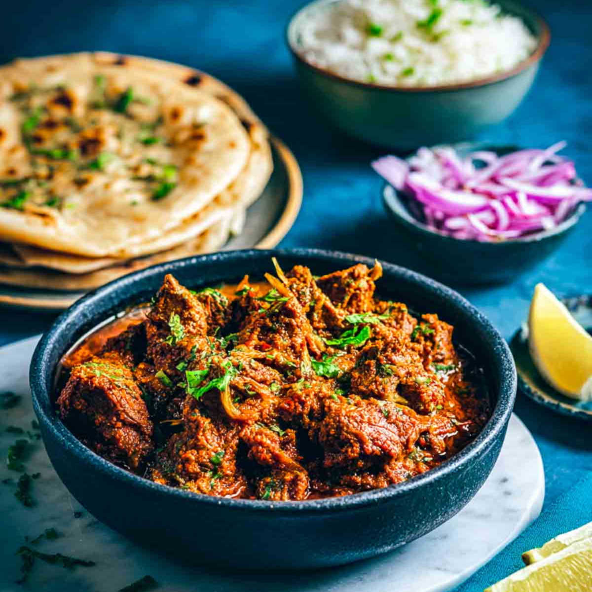 Close-up of lamb bhuna curry in a bowl with roti, rice, and onion slices.