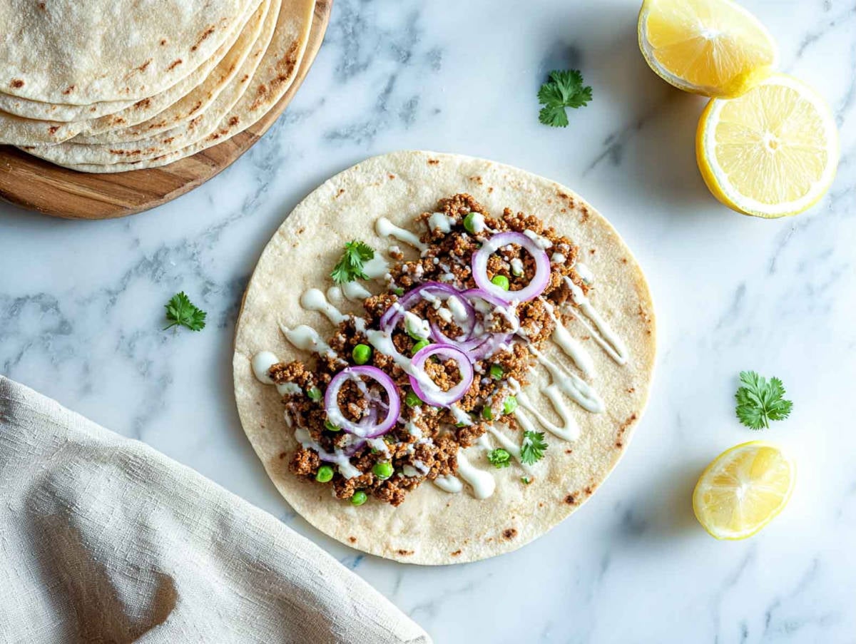 Lamb keema wrap filling is arranged on roti with yogurt drizzle and onions.
