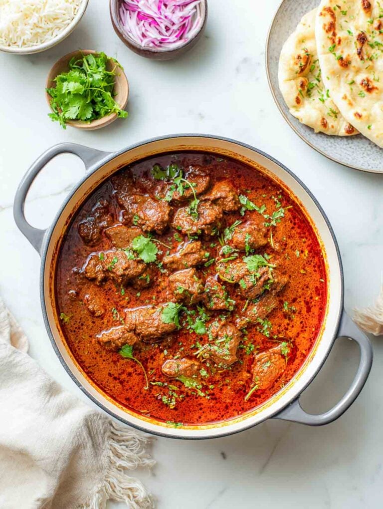 The lamb rogan josh is shown simmering in a grey Dutch oven, surrounded by bowls of rice, sliced onions, cilantro, and naan.