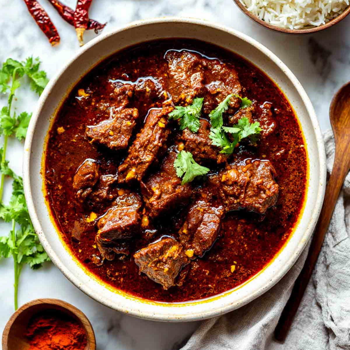 Bowl of lamb vindaloo garnished with cilantro on a white marble surface.