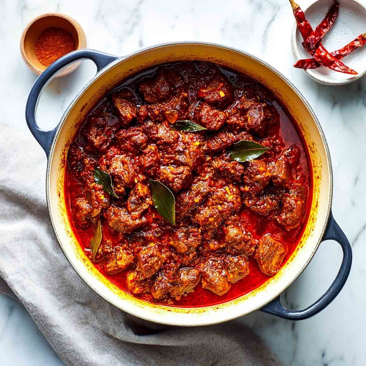 Lamb vindaloo masala cooking down with onions inside a cast iron pot.