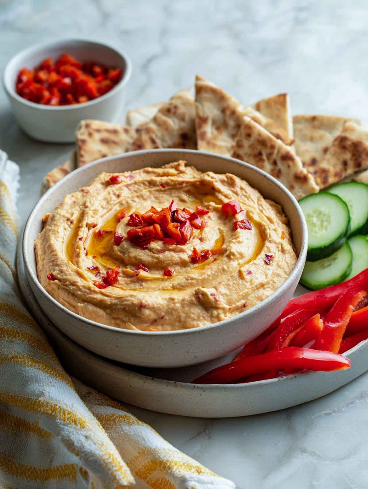 Pinto bean dip with roasted red peppers served with pita and vegetables.