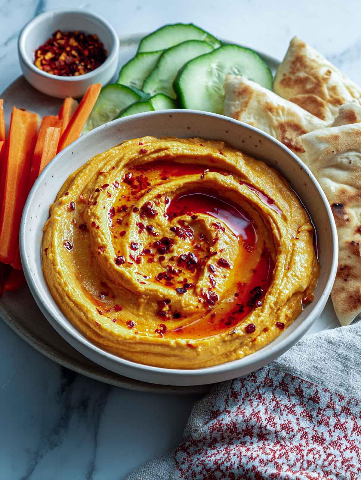 Red lentil dip with chili oil served with flatbread and vegetables.