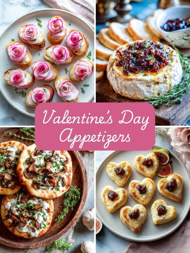 A four-image collage of Valentine's Day appetizers.