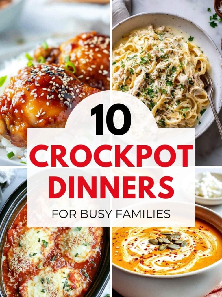 A four-image collage of crockpot dinners for busy families.