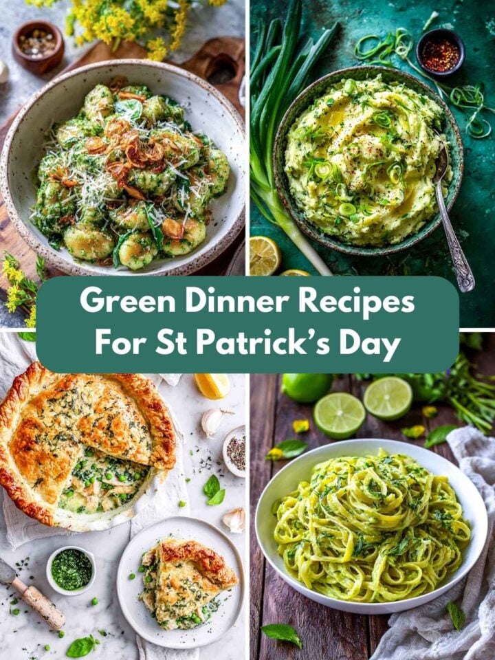A four-image collage of green dinner recipes for St. Patrick's Day.