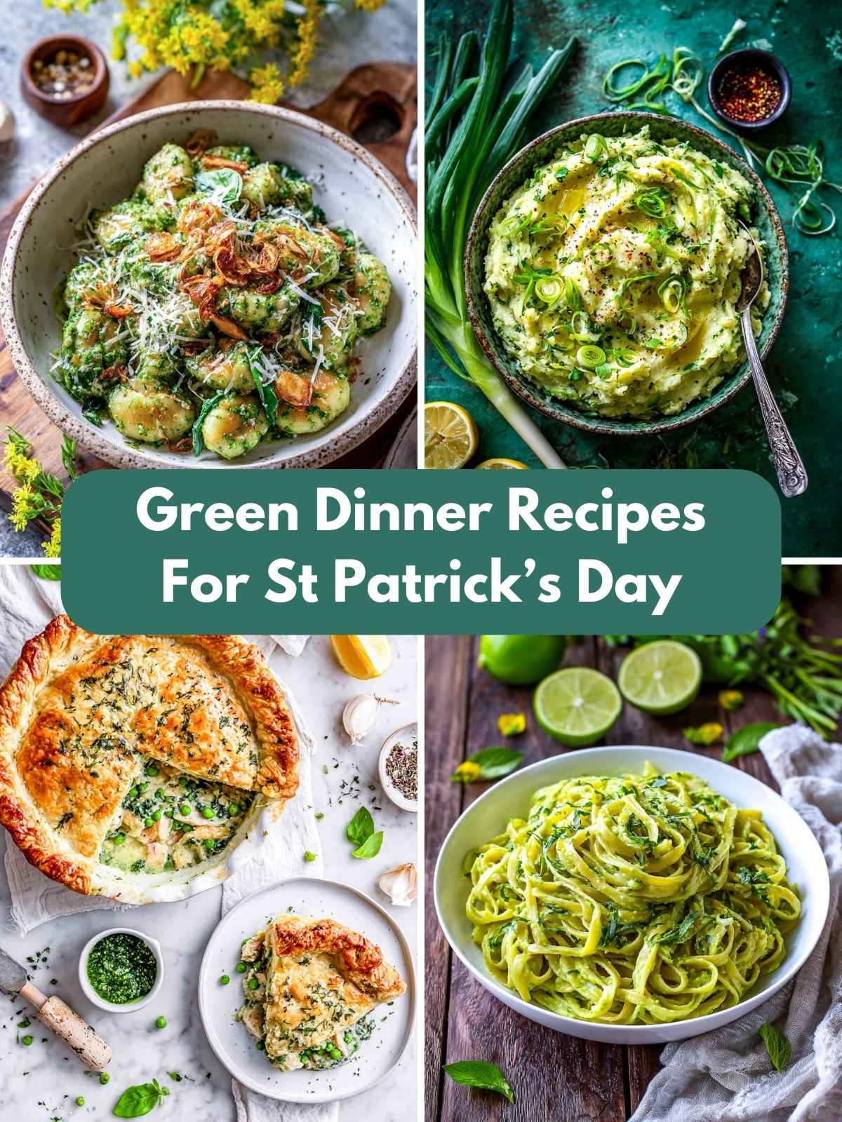 A four-image collage of green dinner recipes for St. Patrick's Day.