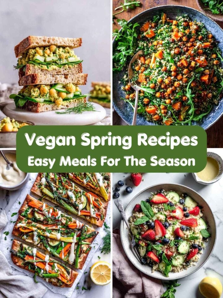 A four-image collage of vegan spring recipes.