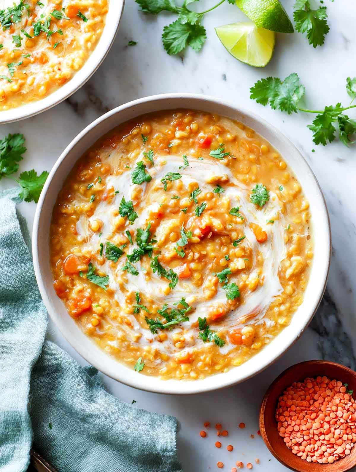 Creamy coconut lentil rice cooker stew with carrots and cilantro in a white bowl.
