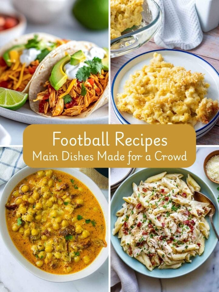 A four-image collage of football recipes that are main dishes.