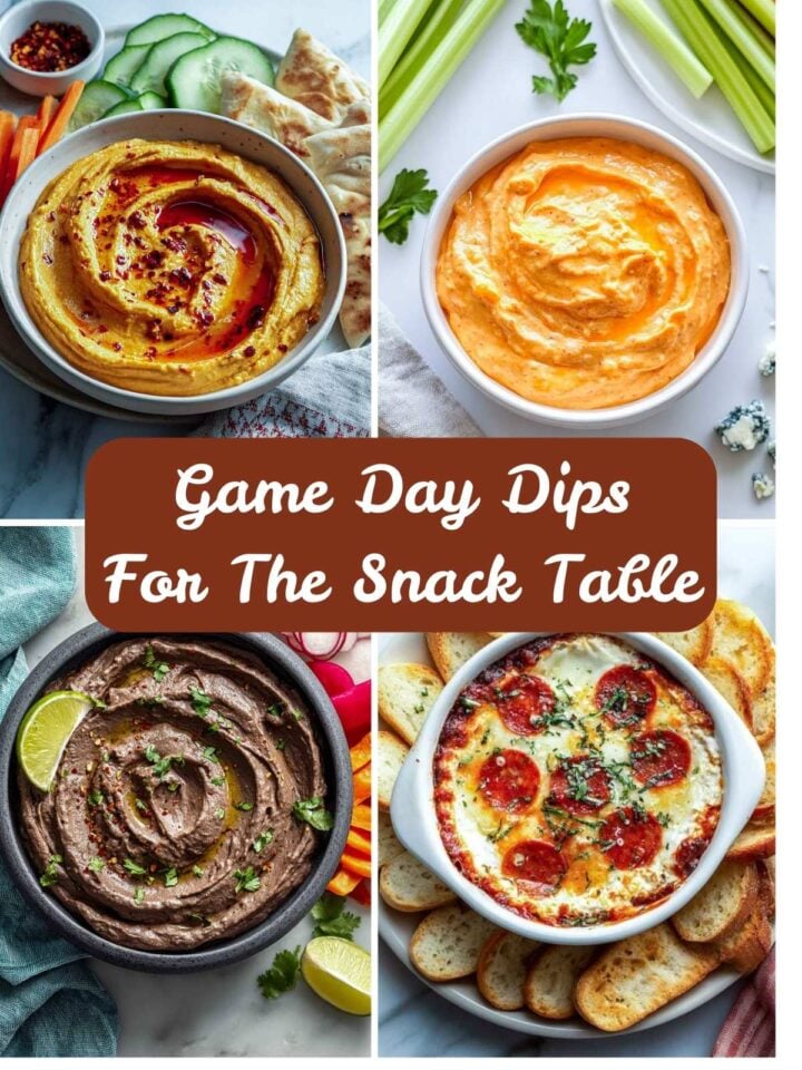 A four-image collage of game day dips.