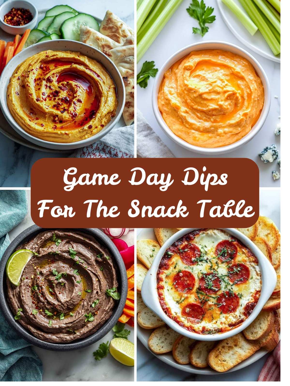 A four-image collage of game day dips.