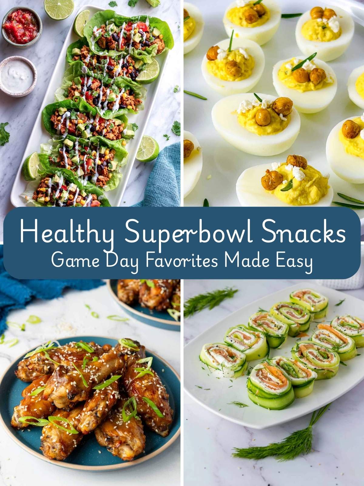 A four-image collage of superbowl snacks.